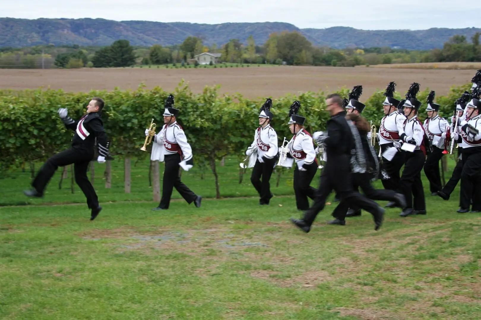 A group of marching band members running in a field.