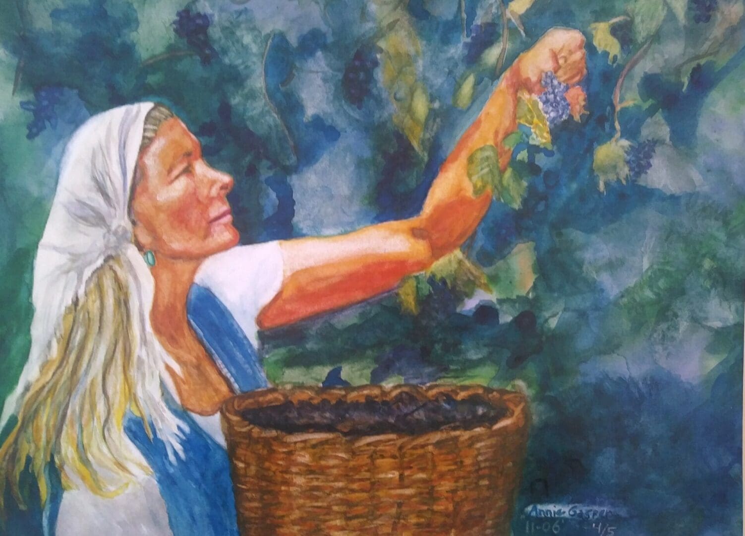 A painting of a woman picking grapes from a basket.