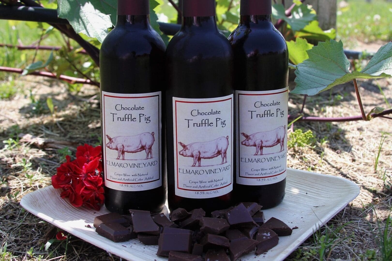 Three bottles of wine with chocolate on a plate.