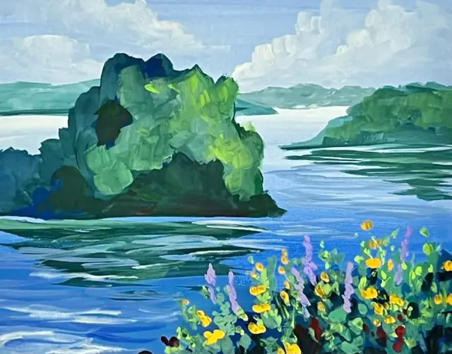 A painting of a lake with flowers and trees.