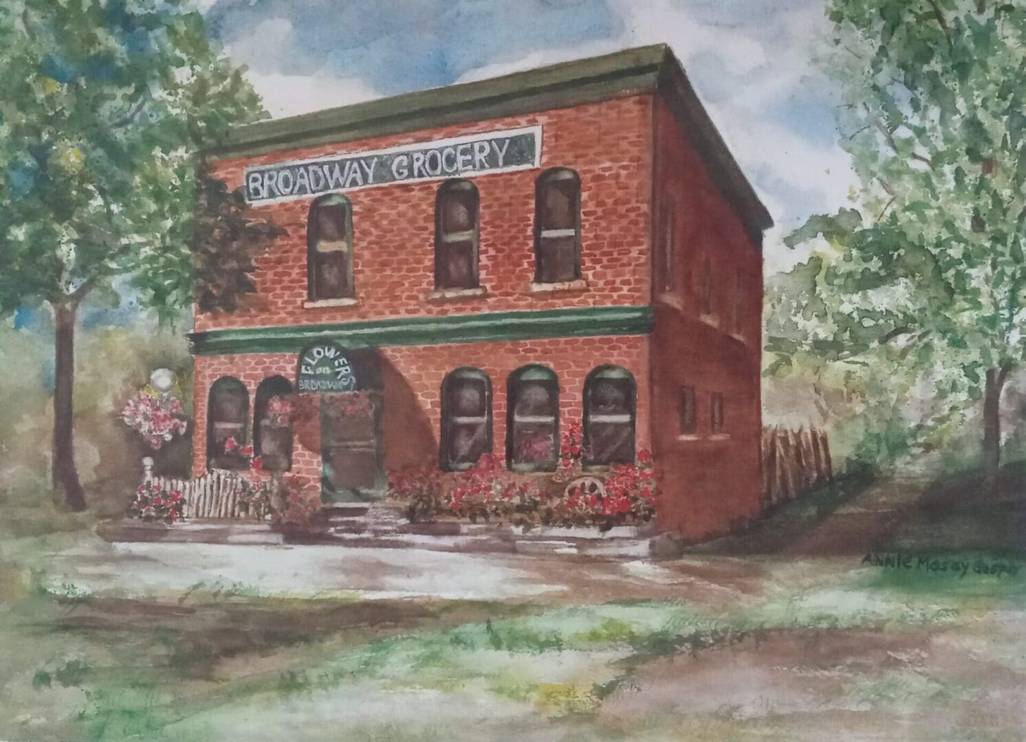 A watercolor painting of a red brick building.