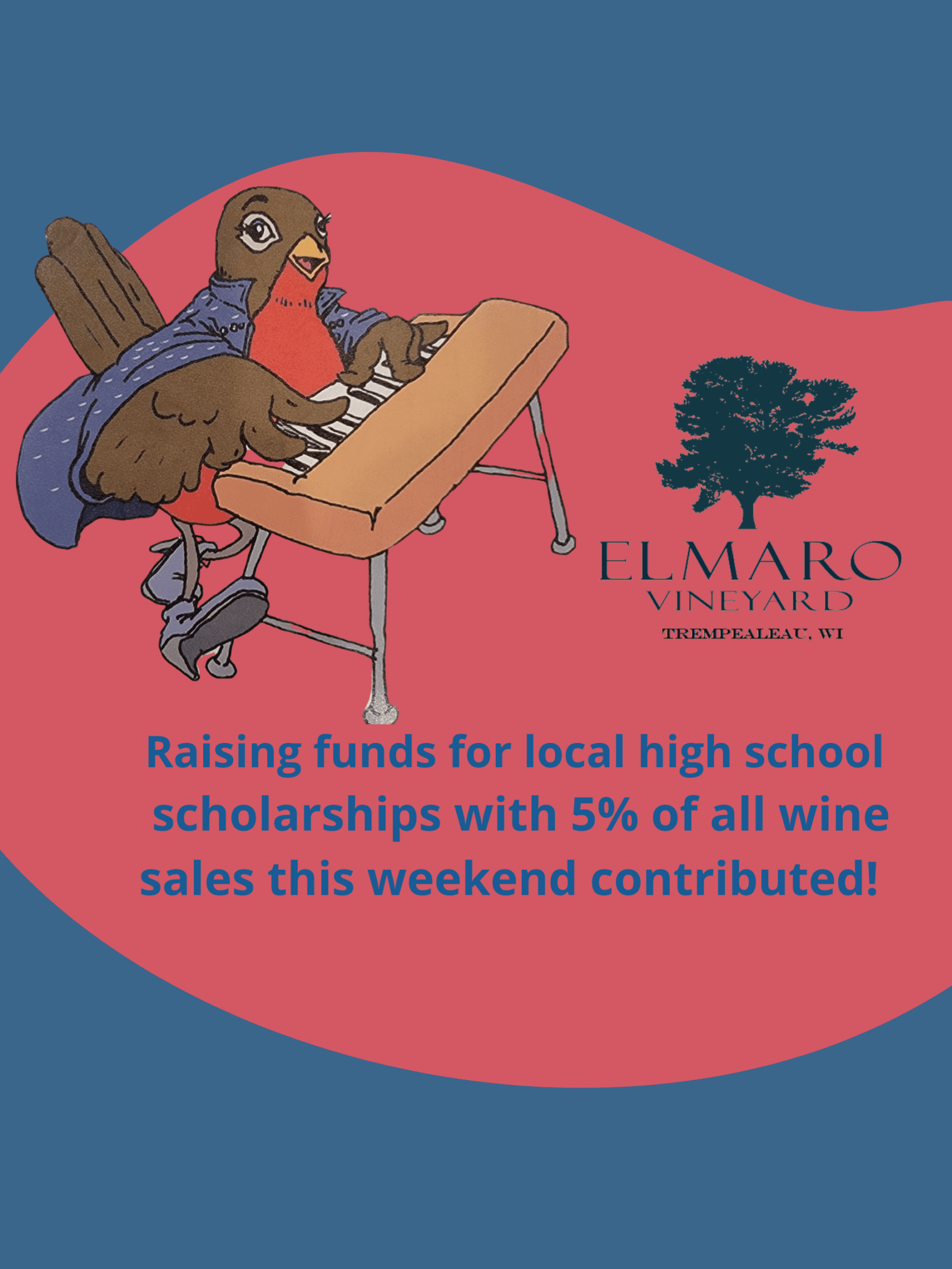 A rooster playing a piano with the words raising funds for local high school.