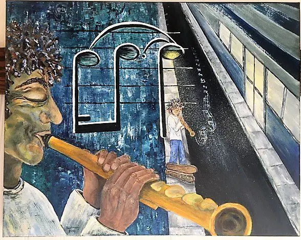 A painting of a man playing a flute.