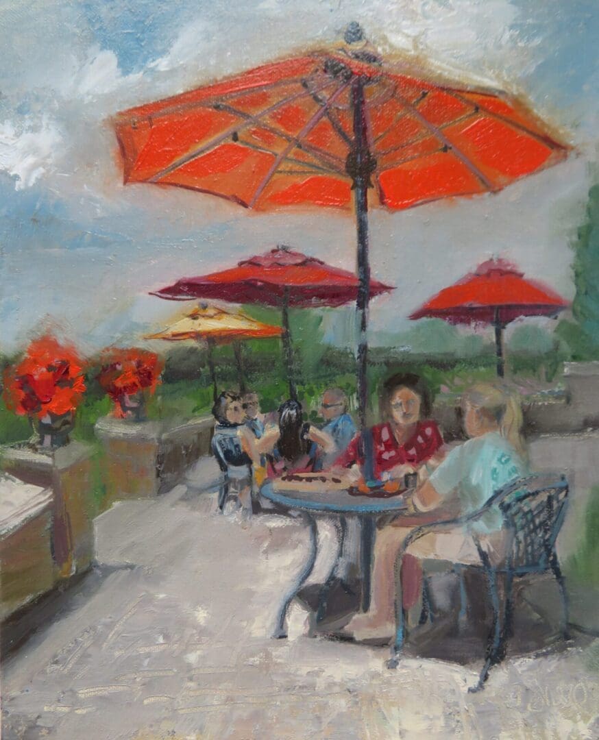 A painting of people sitting at tables under umbrellas.