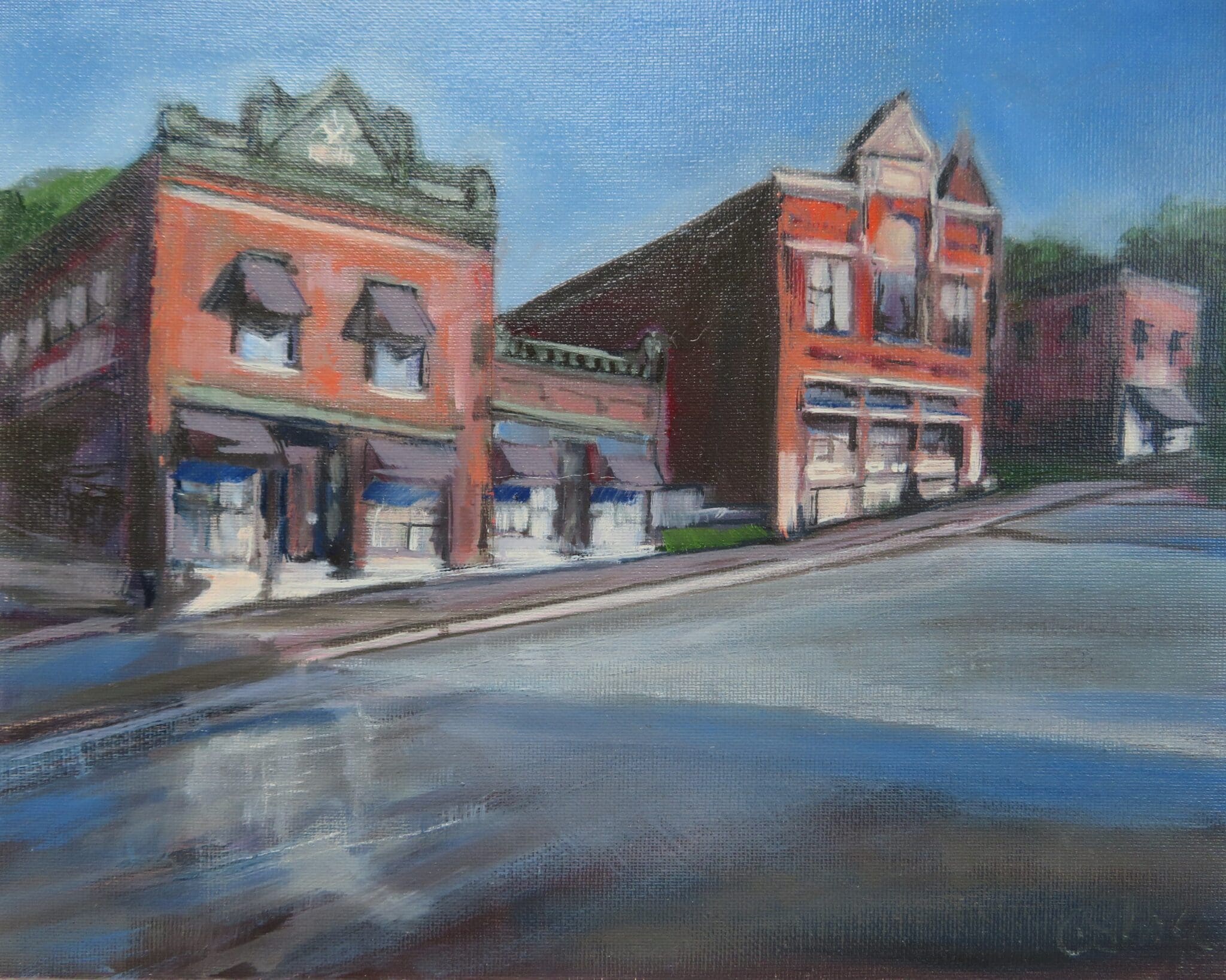 A painting of a street scene with buildings in the background.