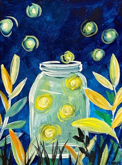 A painting of a jar with yellow flowers in it.