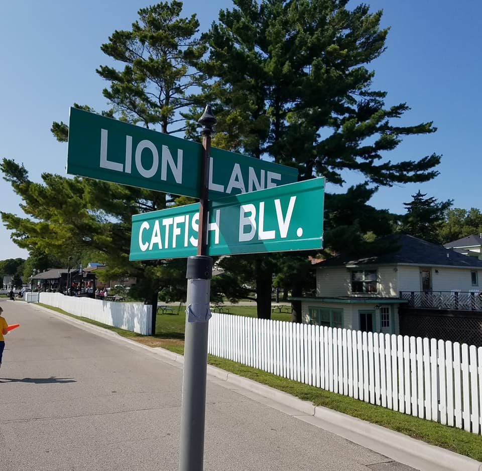 Lion lane, catfish blv street sign.