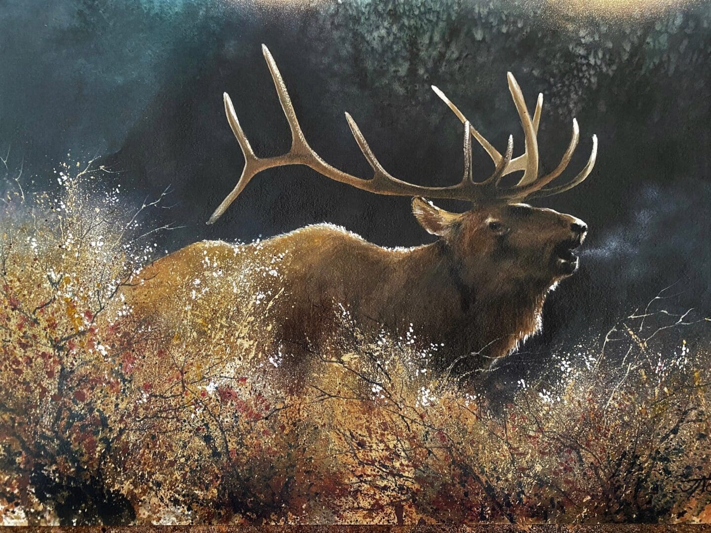 A painting of an elk in the grass.