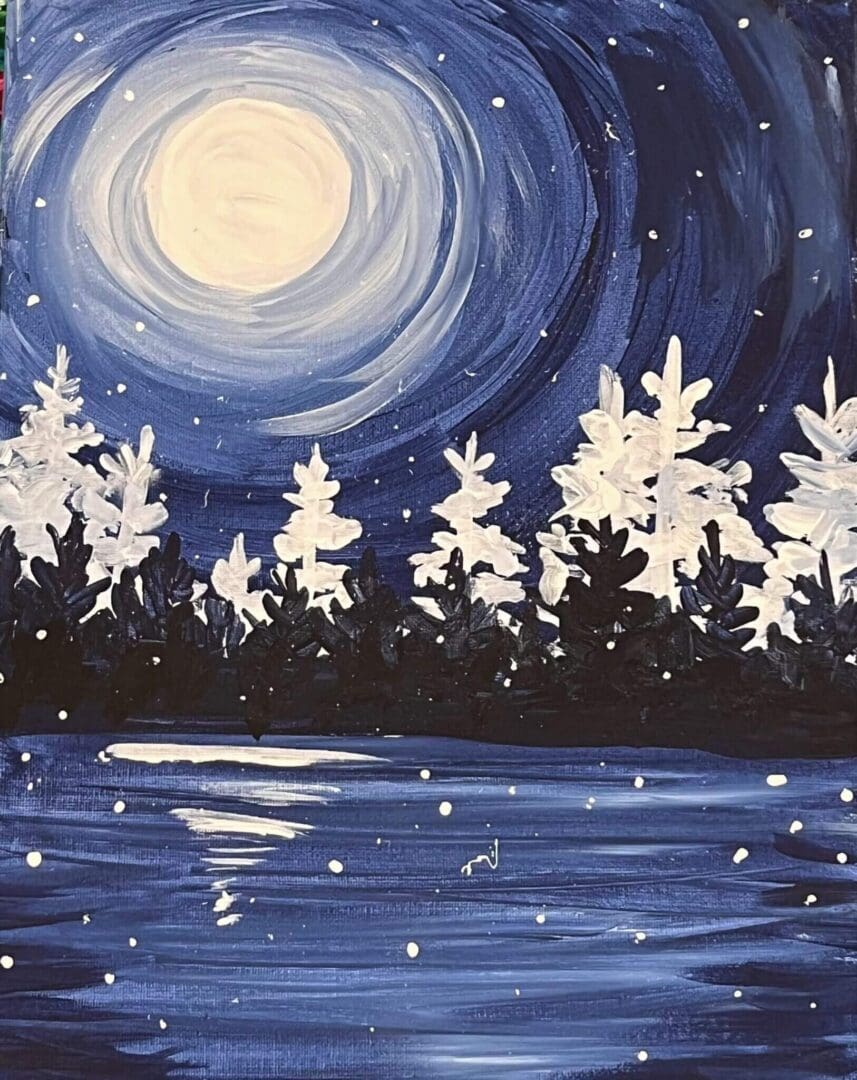 A painting of a lake with trees and a moon.