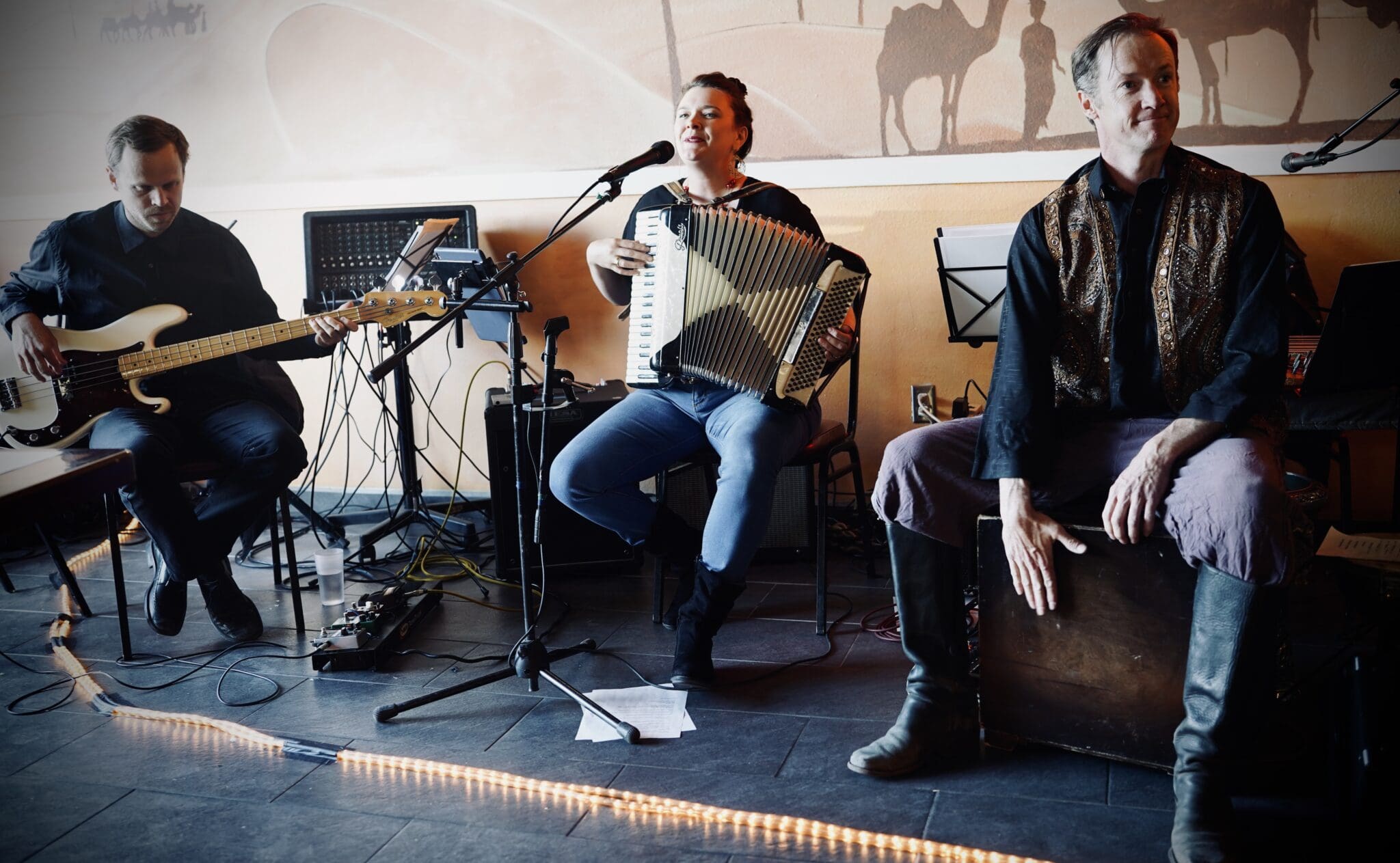 Three musicians performing indoors with bass, accordion, and percussion instruments.