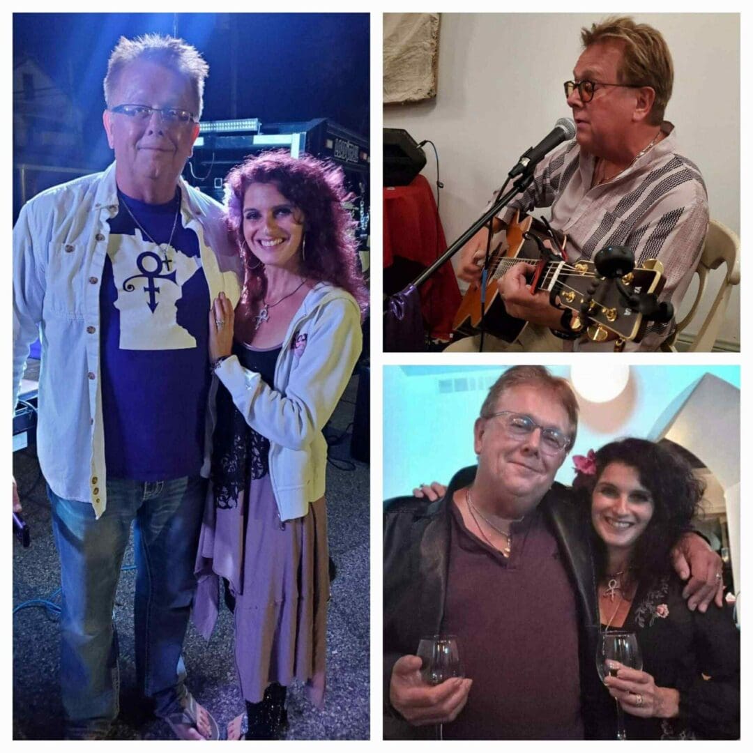 Three photos showing a man and woman together, one with the man playing guitar.