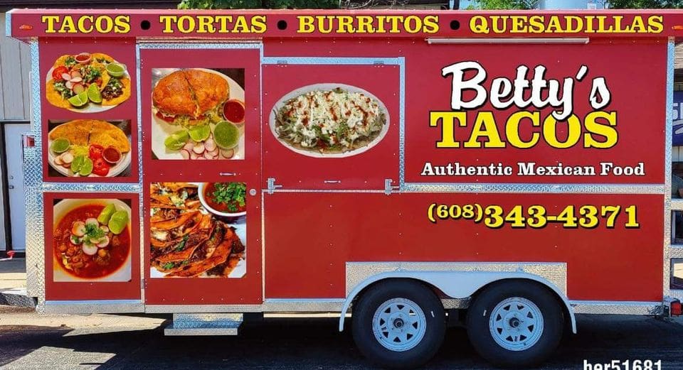 Betty's Tacos food truck offering tacos, tortas, burritos, and quesadillas with vibrant food images.