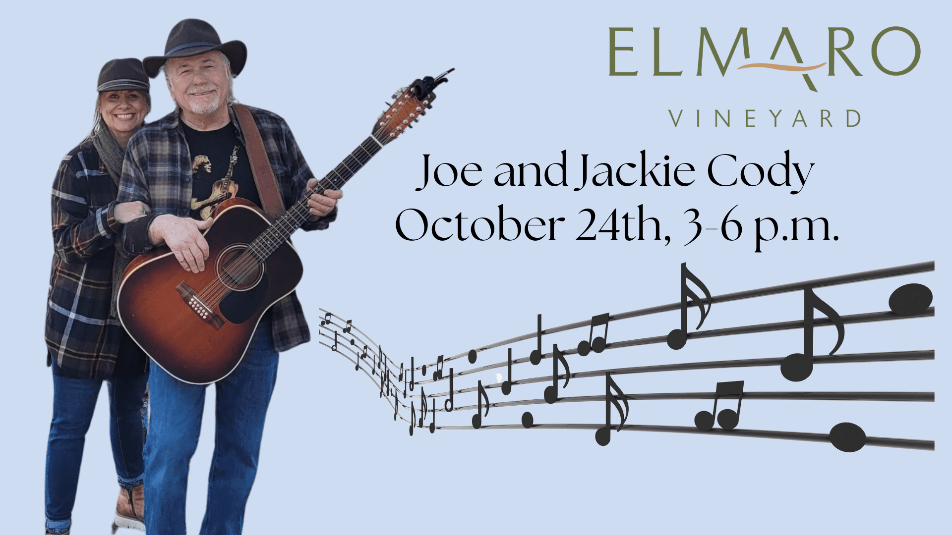 Joe and Jackie Cody performing live at Elmaro Vineyard on October 24th.
