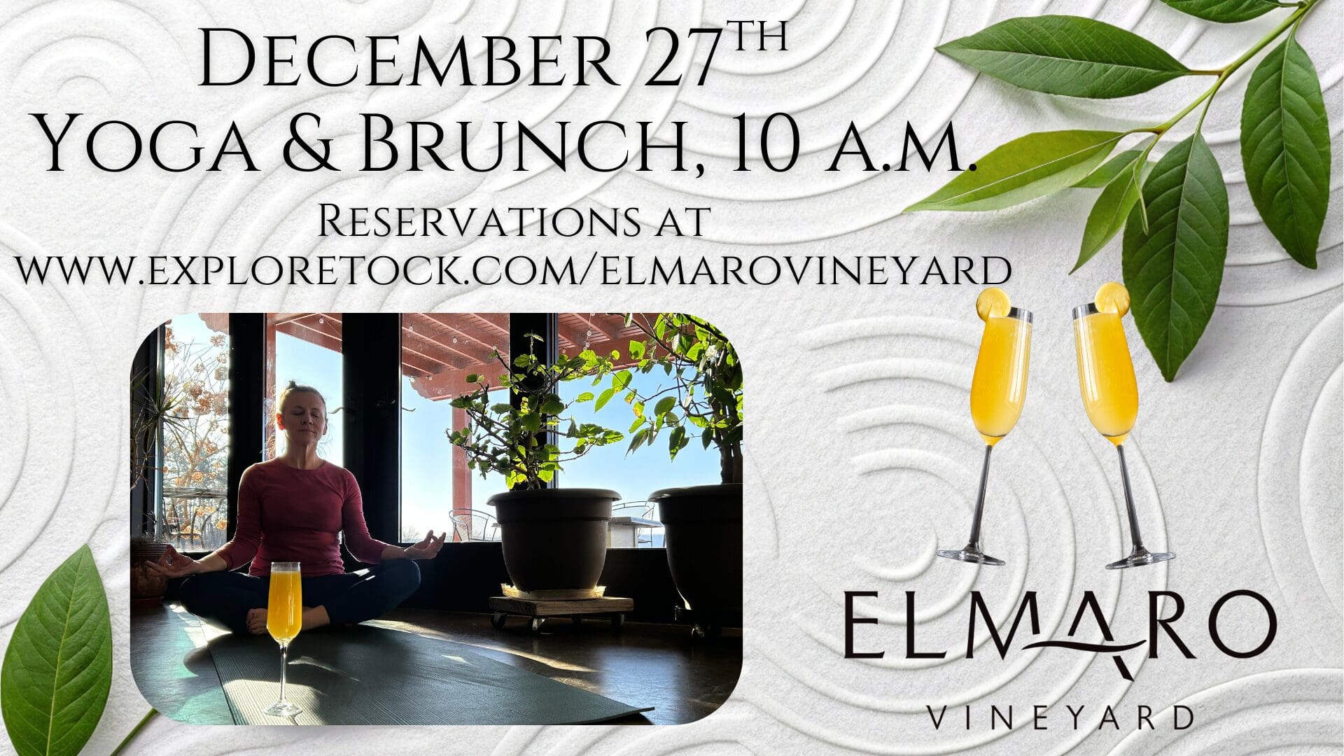 Yoga and brunch event on December 27th at Elmaro Vineyard with reservation details.
