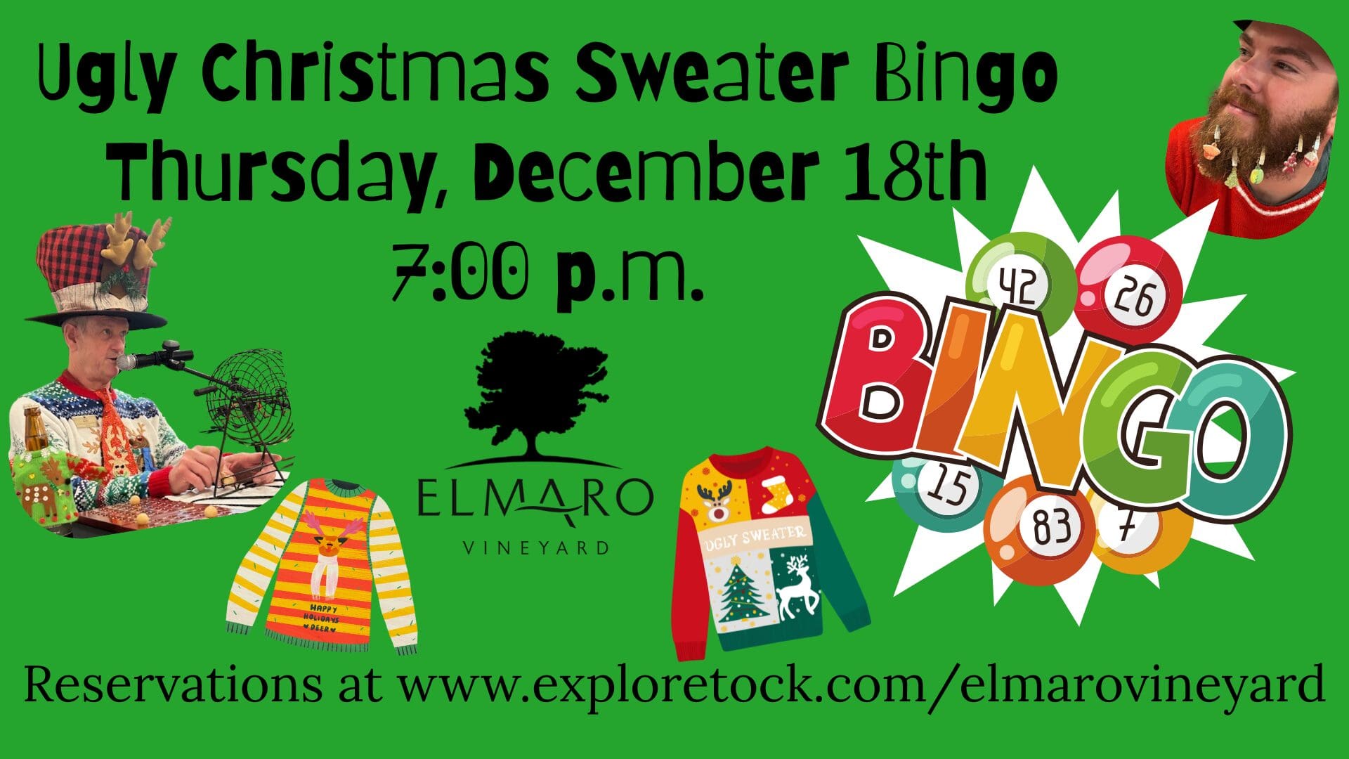 Ugly Christmas Sweater Bingo event on December 18th at Elmaro Vineyard.