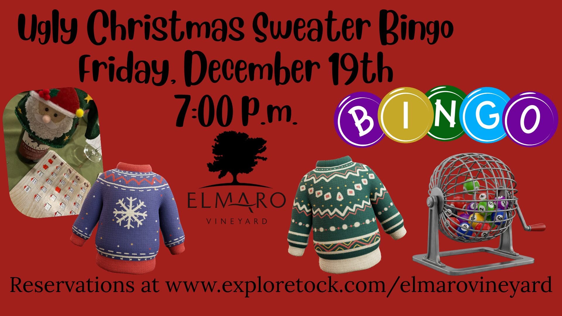Ugly Christmas Sweater Bingo event at Elmaro Vineyard on December 19th, 7:00 p.m.