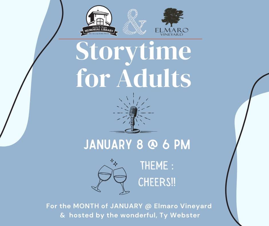 Storytime for adults event on January 8 at Elmaro Vineyard with theme Cheers.