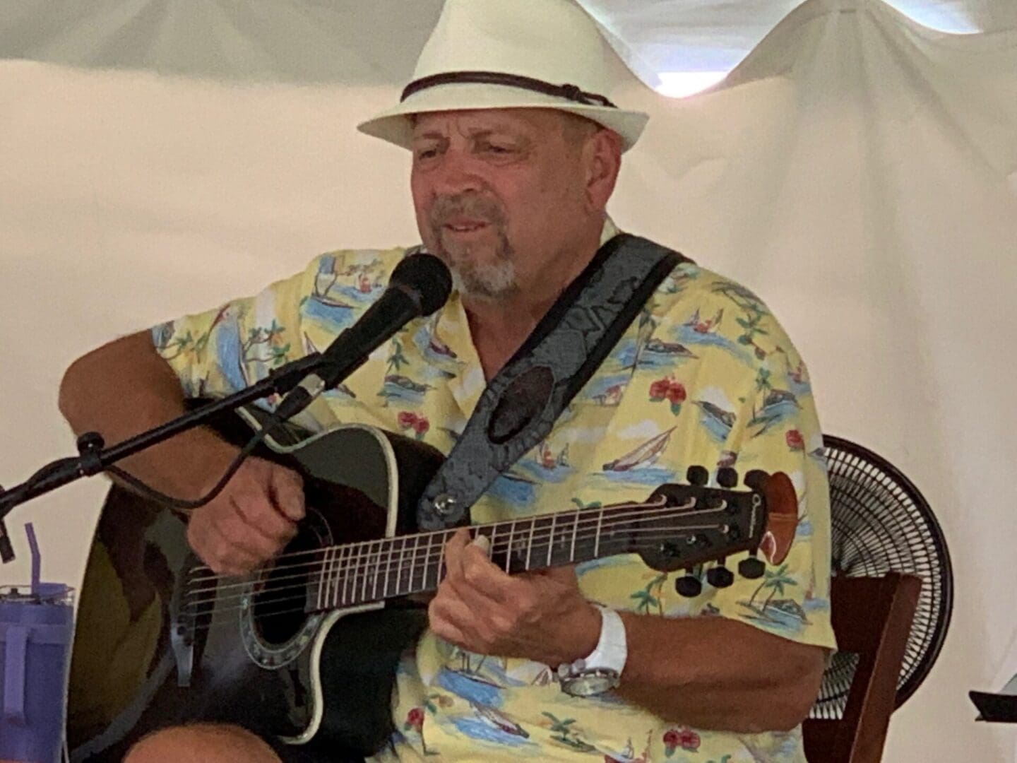 Man in a hat playing guitar and singing into a microphone.