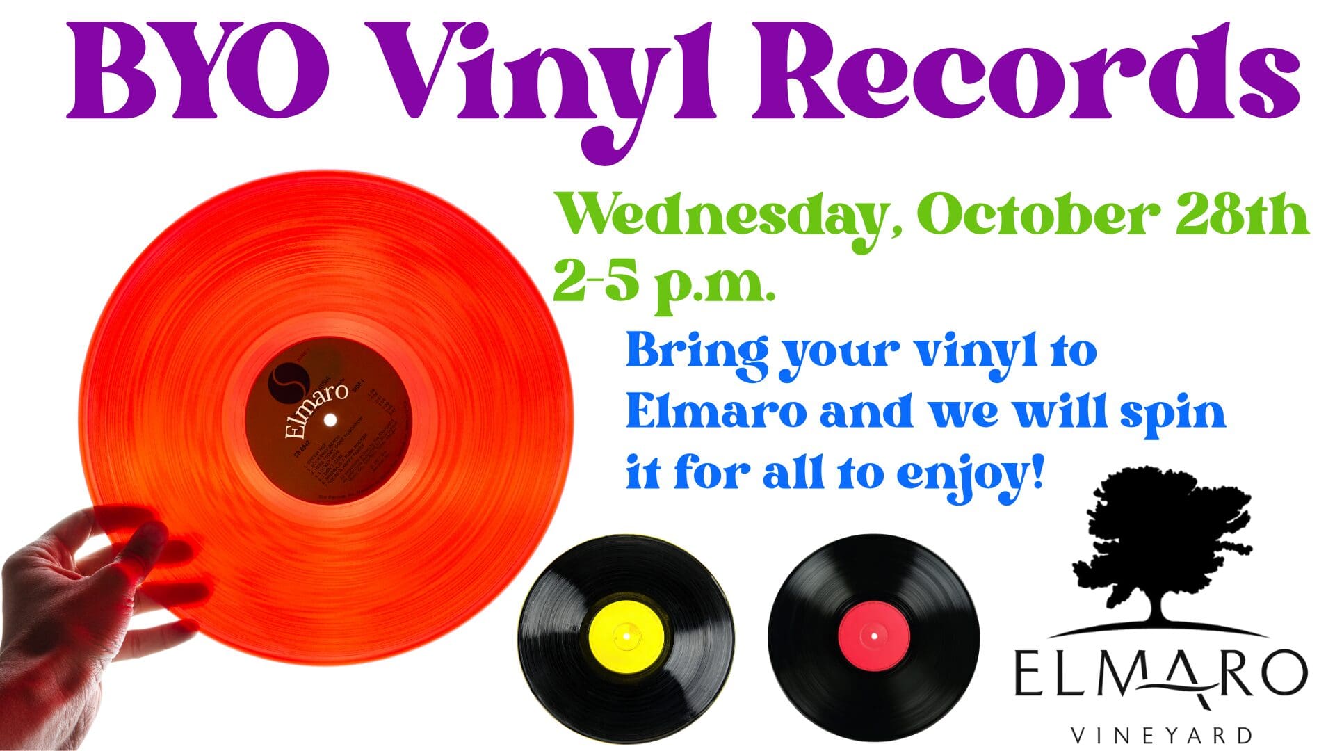 Colorful vinyl records with event details displayed.